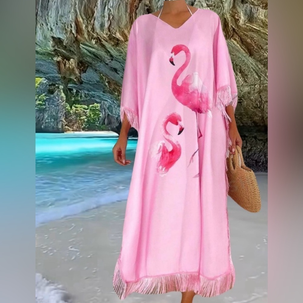 Flamingo Cay Tropical Batwing Fringy Swimsuit Long Coverup